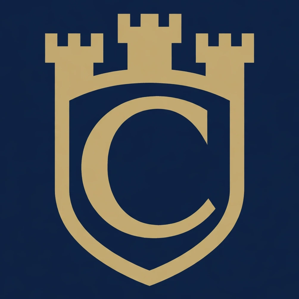 Castellan logo — gold castle shield with a gold C on deep navy
